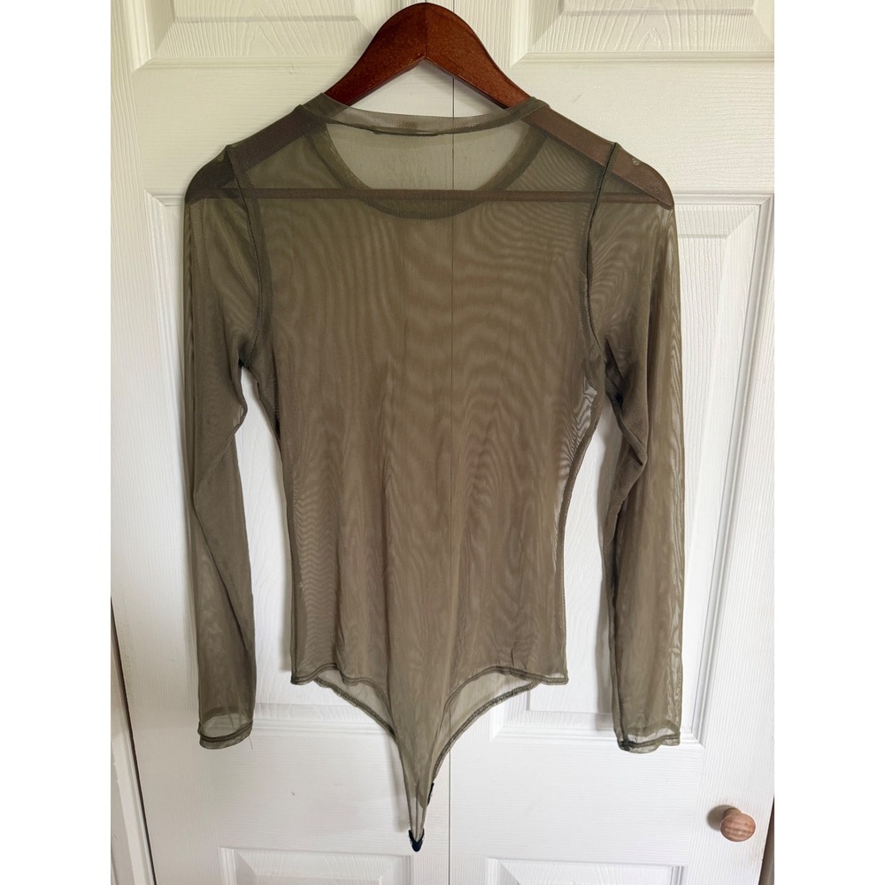 Gaze Olive Green Sheer Mesh Long Sleeve Bodysuit Womens Medium Snap Closure - Picture 4 of 8